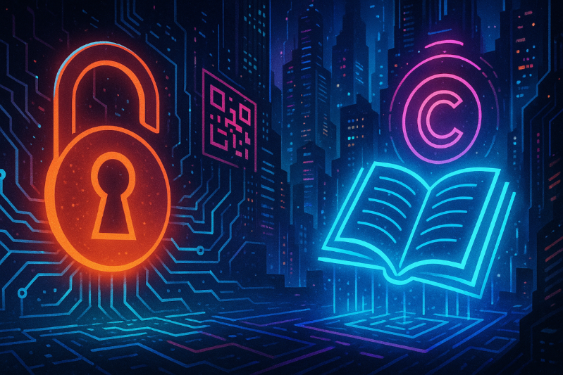 AI generated image of neon cyberpunk representation of Copyright and Open Access